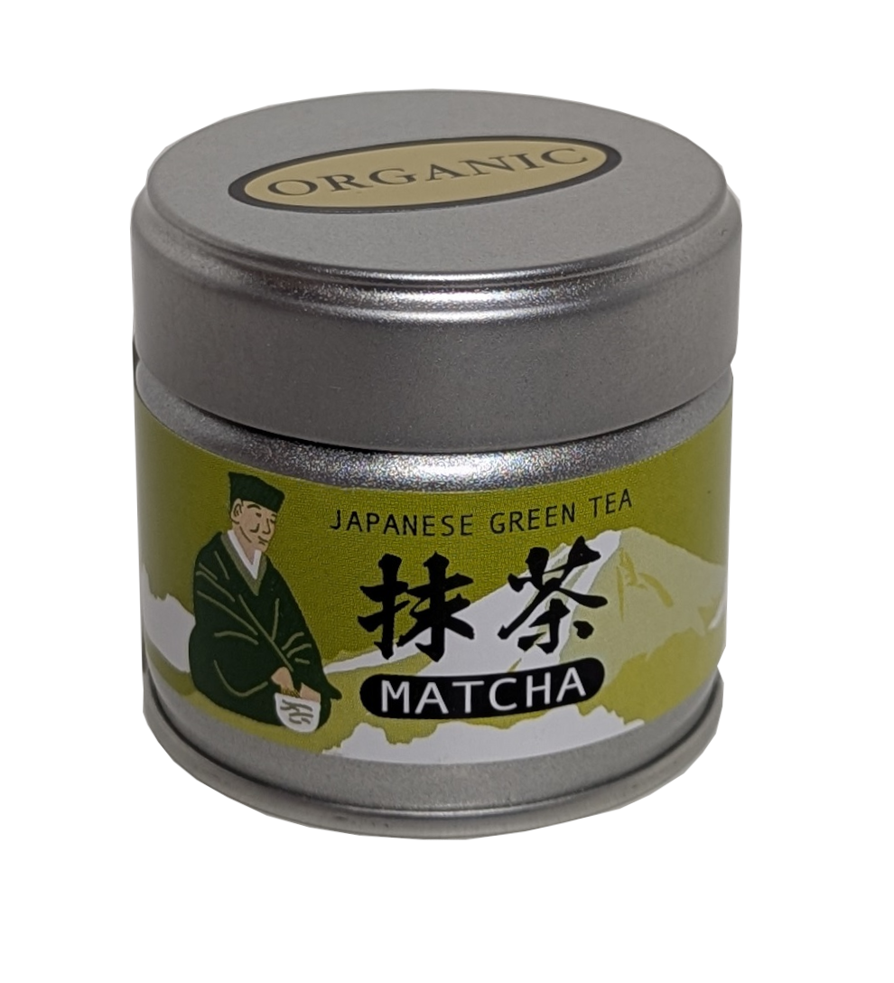 Silver tin of Japanese green tea matcha with a label featuring a person in traditional attire.