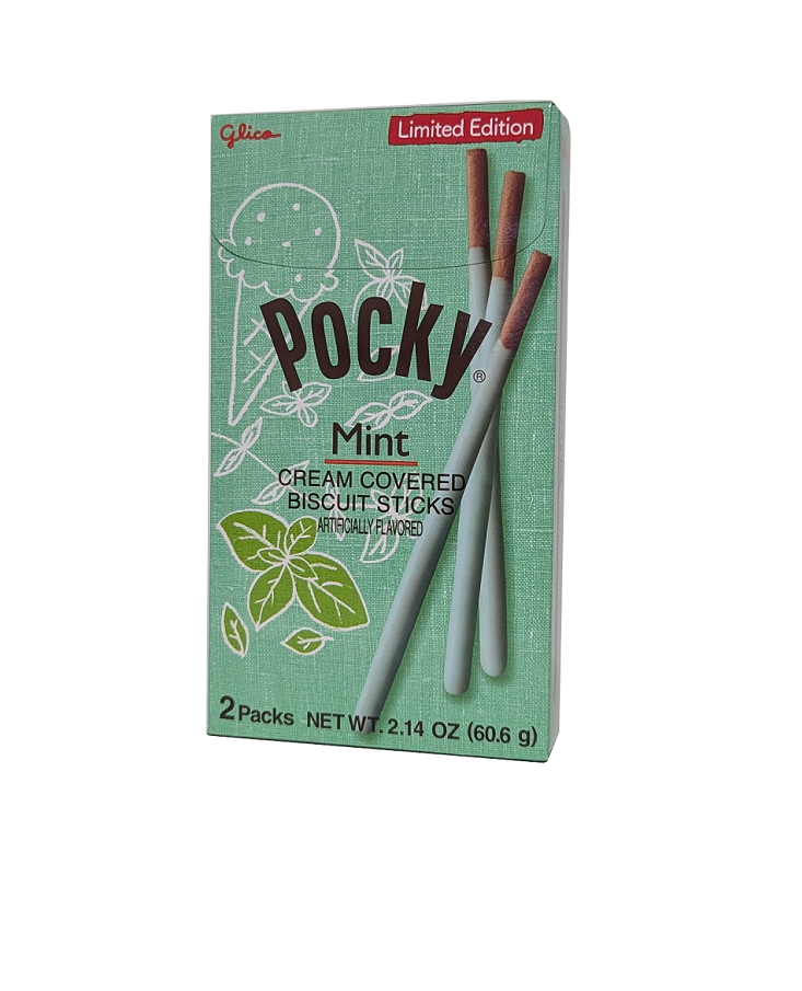 Pocky mint cream covered biscuit sticks packaging on a white background