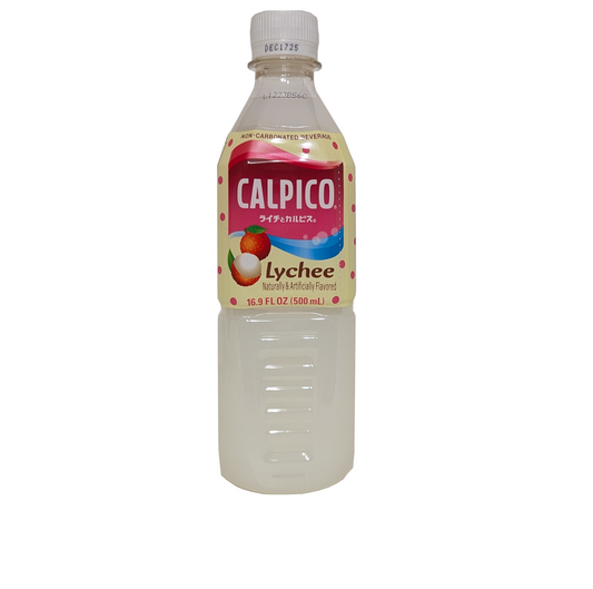 Calpico Lychee-flavored drink bottle on a white background