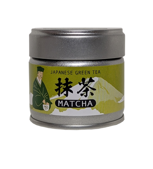 Tin of Japanese green tea matcha with a silver lid on a white background