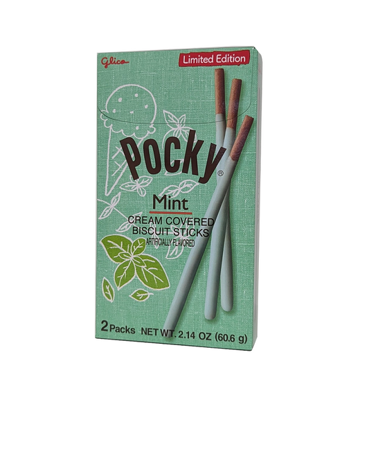 Pocky mint cream covered biscuit sticks packaging on a white background