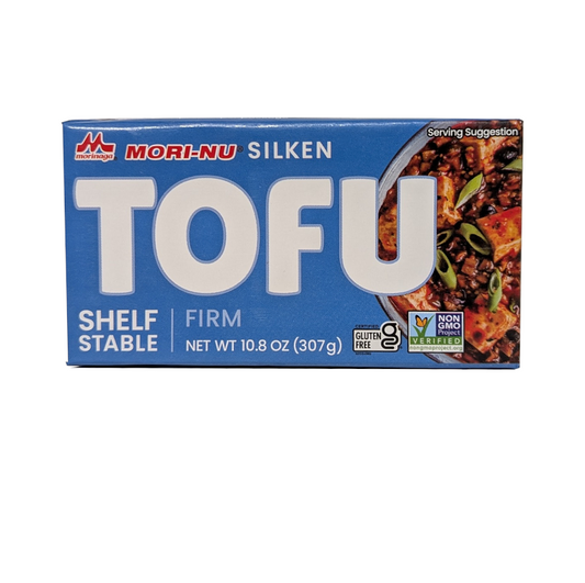 Box of Mori-Nu Silken Tofu with a serving suggestion on a white background